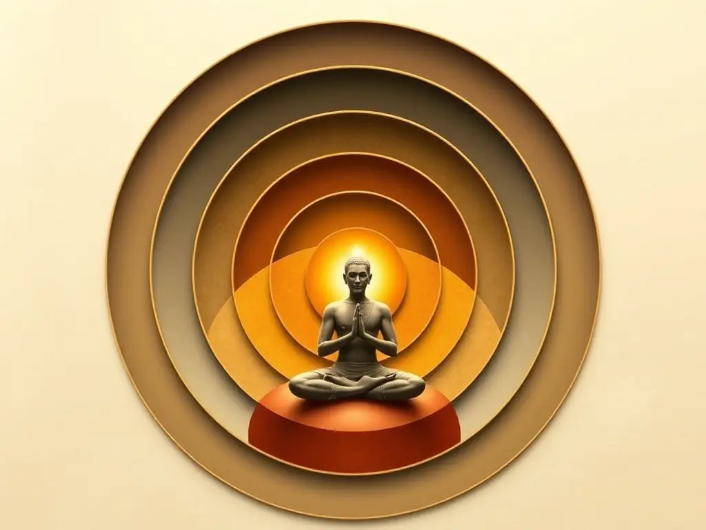 An image depicting the kosha layers, showcasing the journey from the physical body to blissful awareness, highlighting the alignment with the kosha layers.