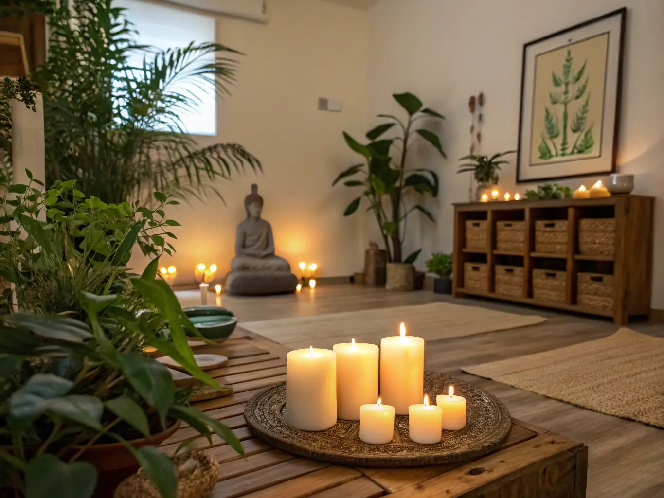 An image of a minimalist, serene space with carefully arranged natural elements like stones and plants, bathed in soft, natural light, representing the sacred spacing of the retreat.