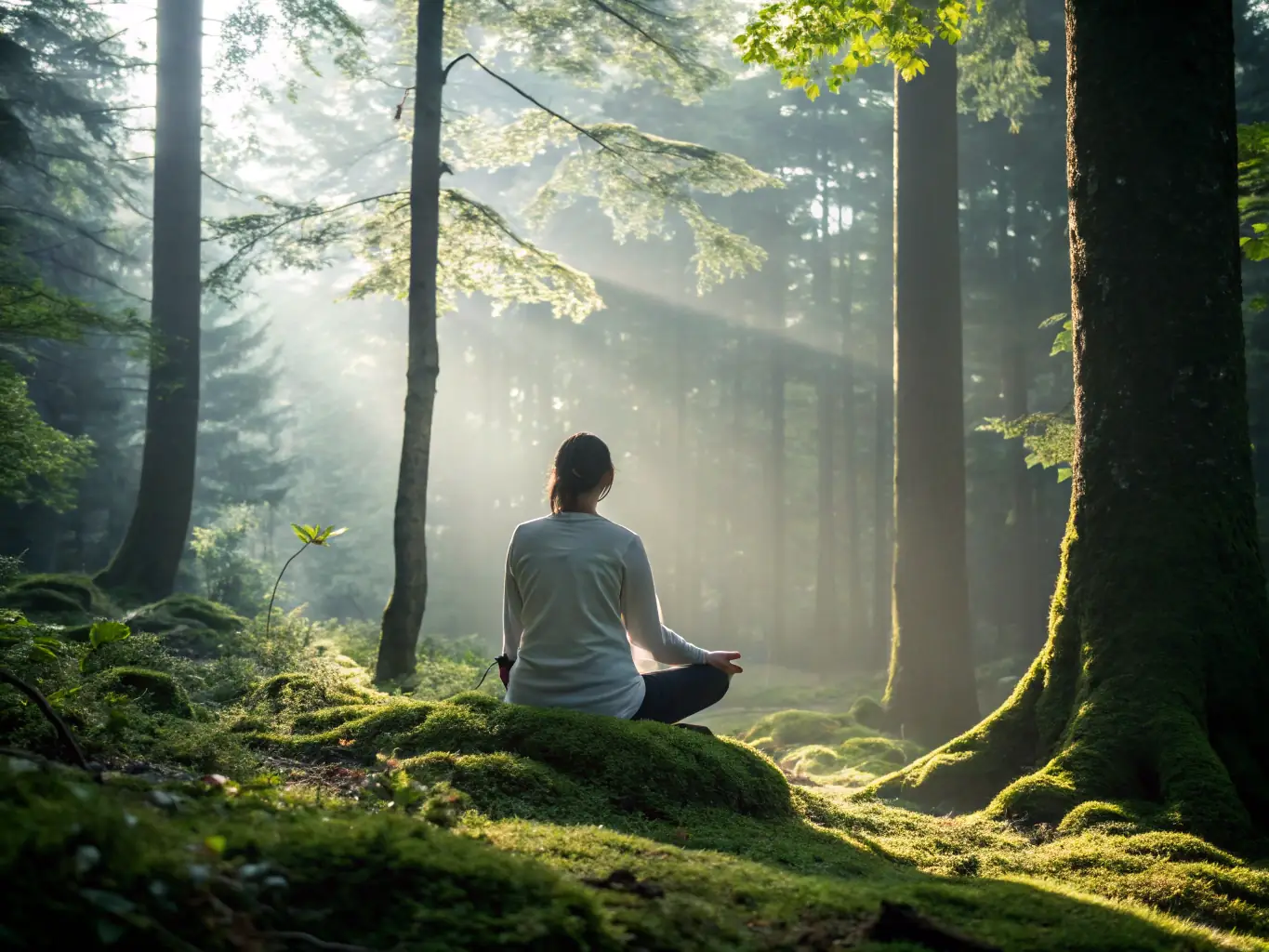 A serene image of a person practicing mindfulness meditation in a peaceful, fog-laden environment, representing the cultivation of inner peace.