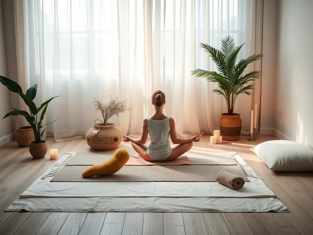 A softly blurred image of a person meditating in a room filled with gentle fog, illuminated by soft, diffused light, creating a sense of peace and tranquility, representing the fog-textured visuals of the retreat.