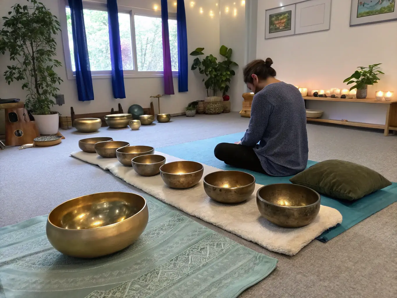 A close-up image of sound bowls vibrating gently, with subtle light patterns dancing on the surrounding surfaces, representing the immersive sound rituals of the retreat.